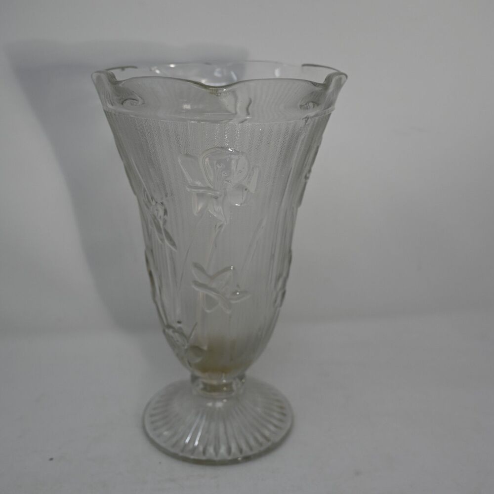 Vintage Clear Pressed Glass Footed Vase Floral Scalloped Rim 9" Pedestal